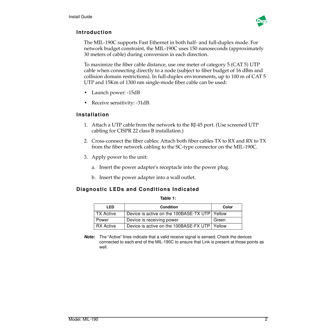 Digi MIL-190C manual Introduction, Installation, Diagnostic LEDs and Conditions Indicated 