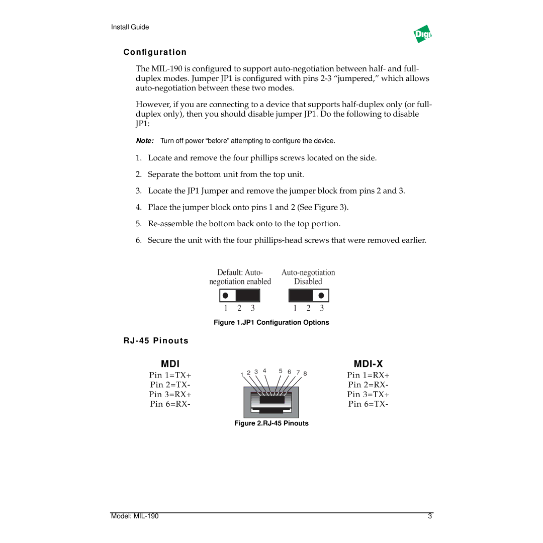 Digi MIL-190C manual Conﬁguration, RJ 45 Pinouts 