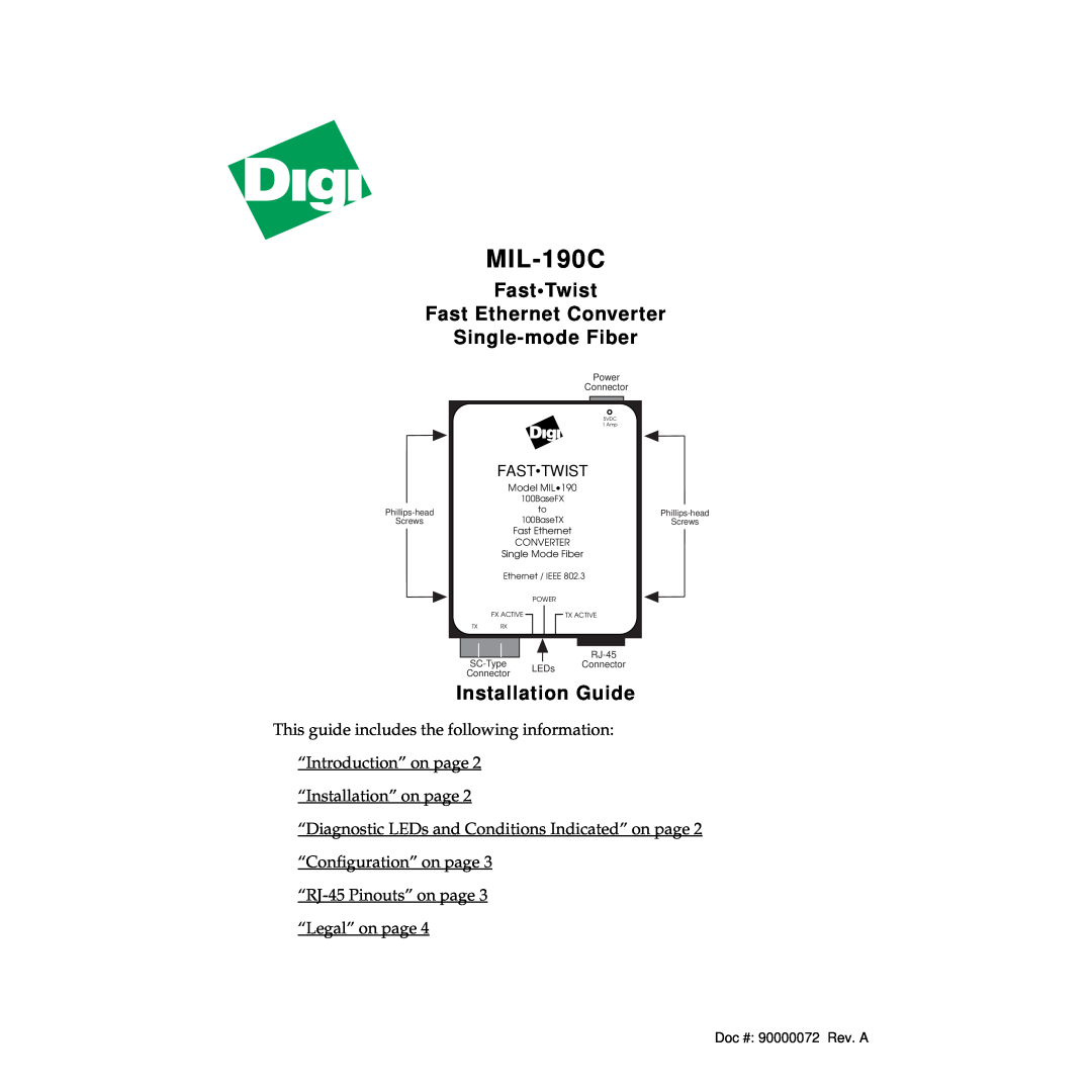 Digi MIL-190C manual FastTwist Fast Ethernet Converter Single-mode Fiber, Installation Guide 