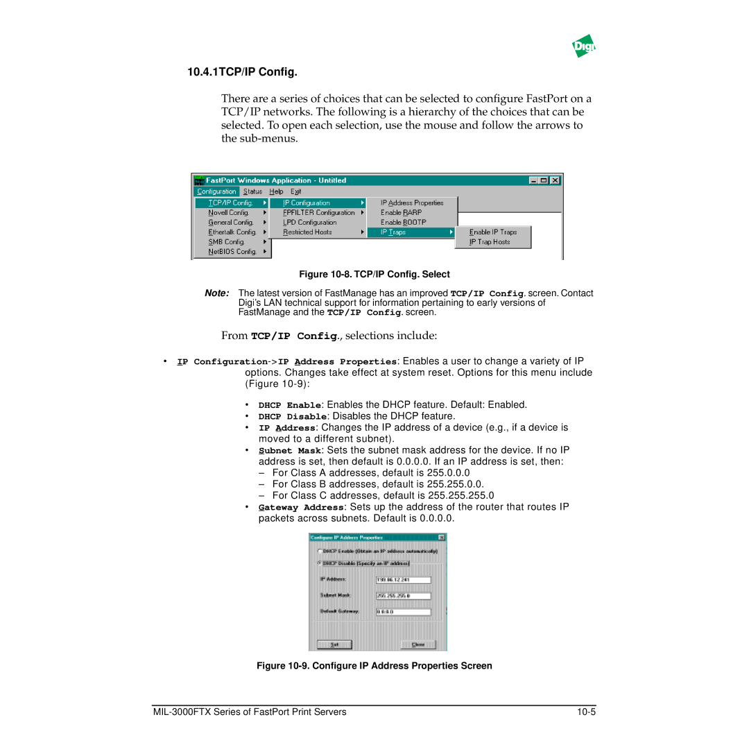 Digi MIL-3000FTX manual 10.4.1TCP/IP Conﬁg, From TCP/IP Config., selections include 