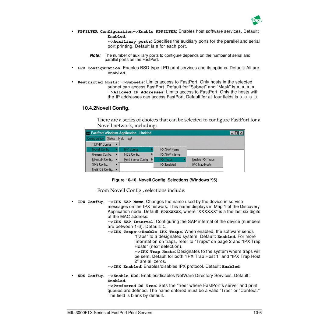 Digi MIL-3000FTX manual 10.4.2Novell Conﬁg, From Novell Conﬁg., selections include 