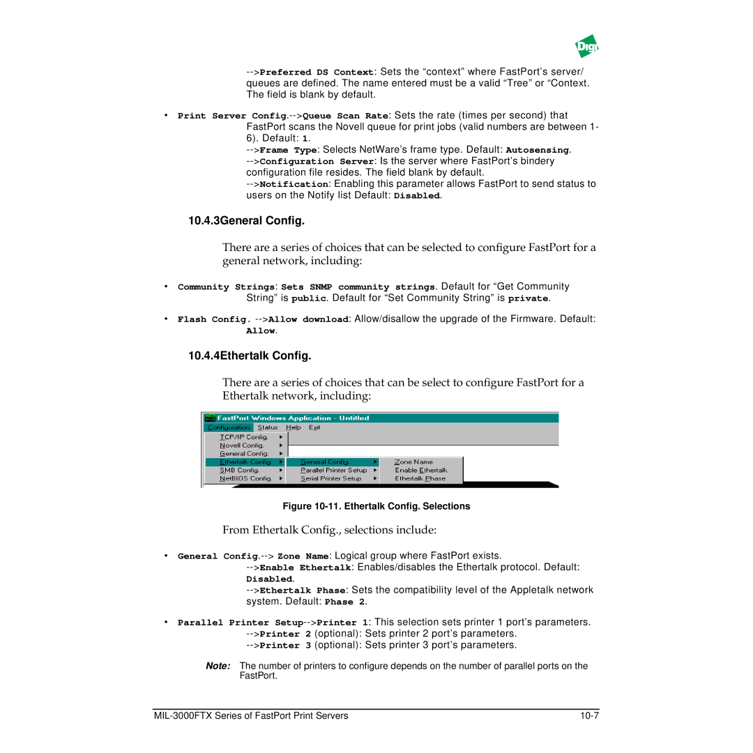 Digi MIL-3000FTX manual 10.4.3General Conﬁg, 10.4.4Ethertalk Conﬁg 