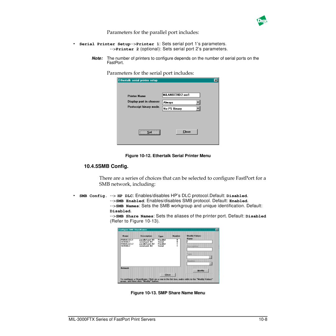 Digi MIL-3000FTX manual Parameters for the parallel port includes, 10.4.5SMB Conﬁg 