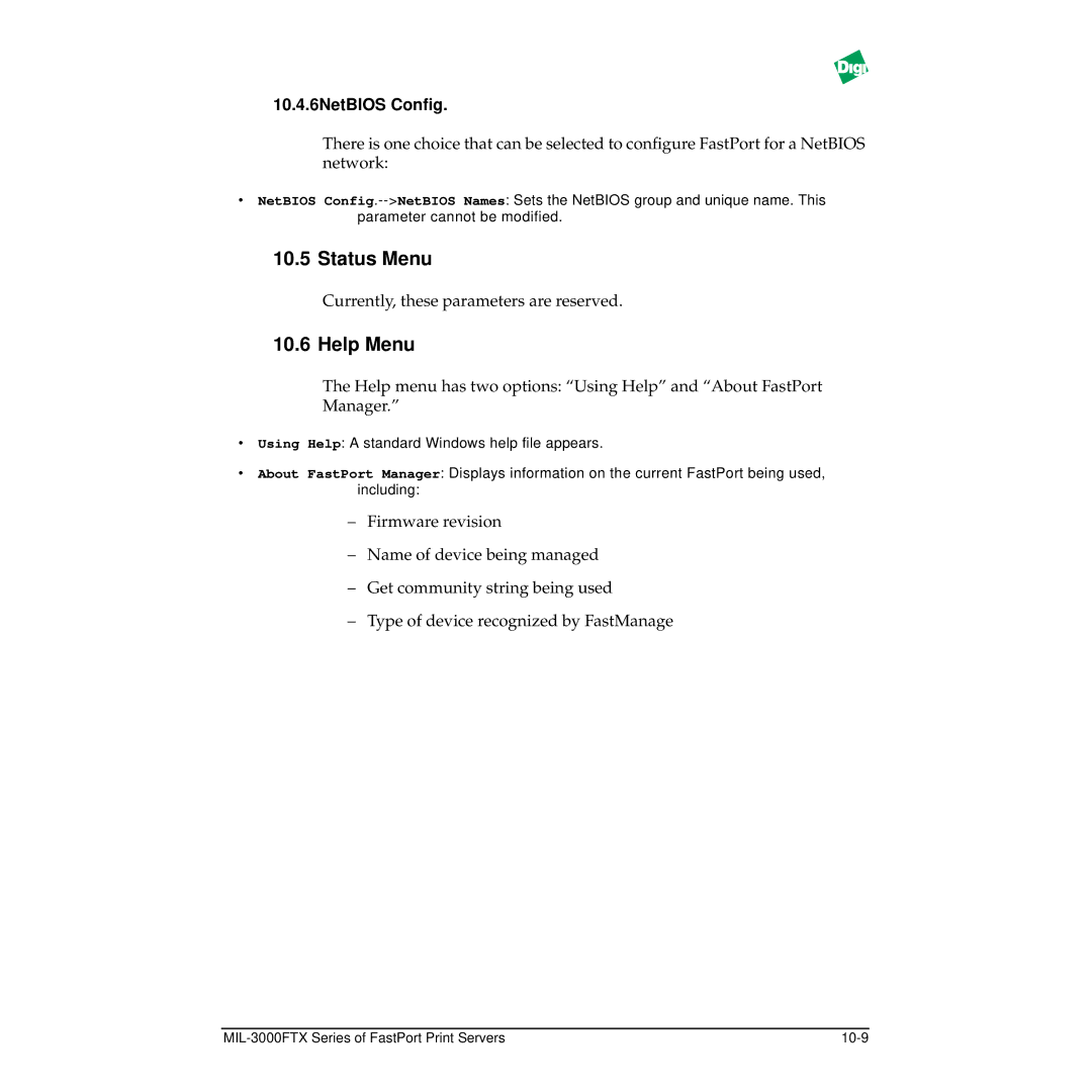 Digi MIL-3000FTX manual Status Menu, Help Menu, 10.4.6NetBIOS Conﬁg 