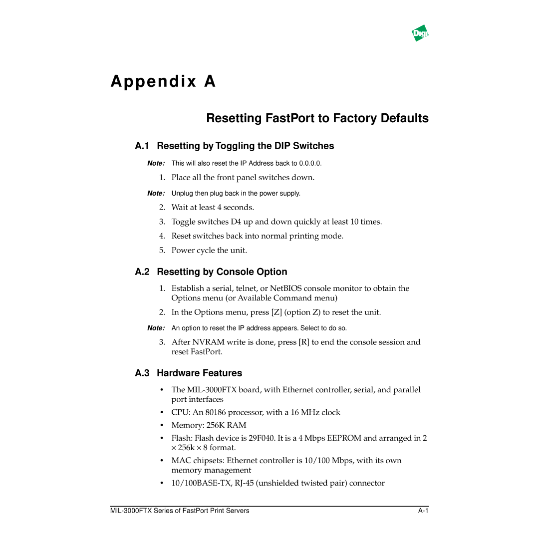 Digi MIL-3000FTX manual Resetting FastPort to Factory Defaults, Resetting by Toggling the DIP Switches, Hardware Features 