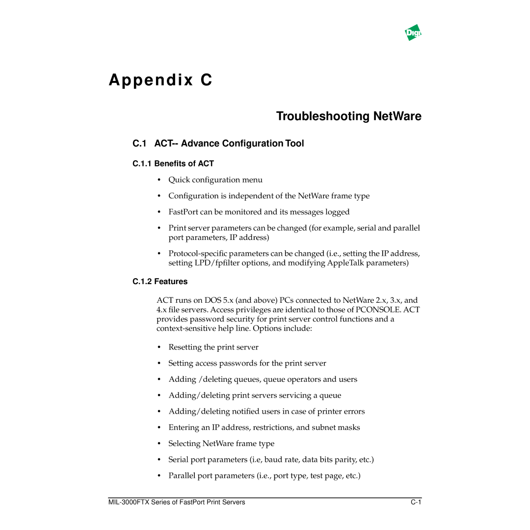 Digi MIL-3000FTX manual Troubleshooting NetWare, ACT-- Advance Conﬁguration Tool, Beneﬁts of ACT, Features 