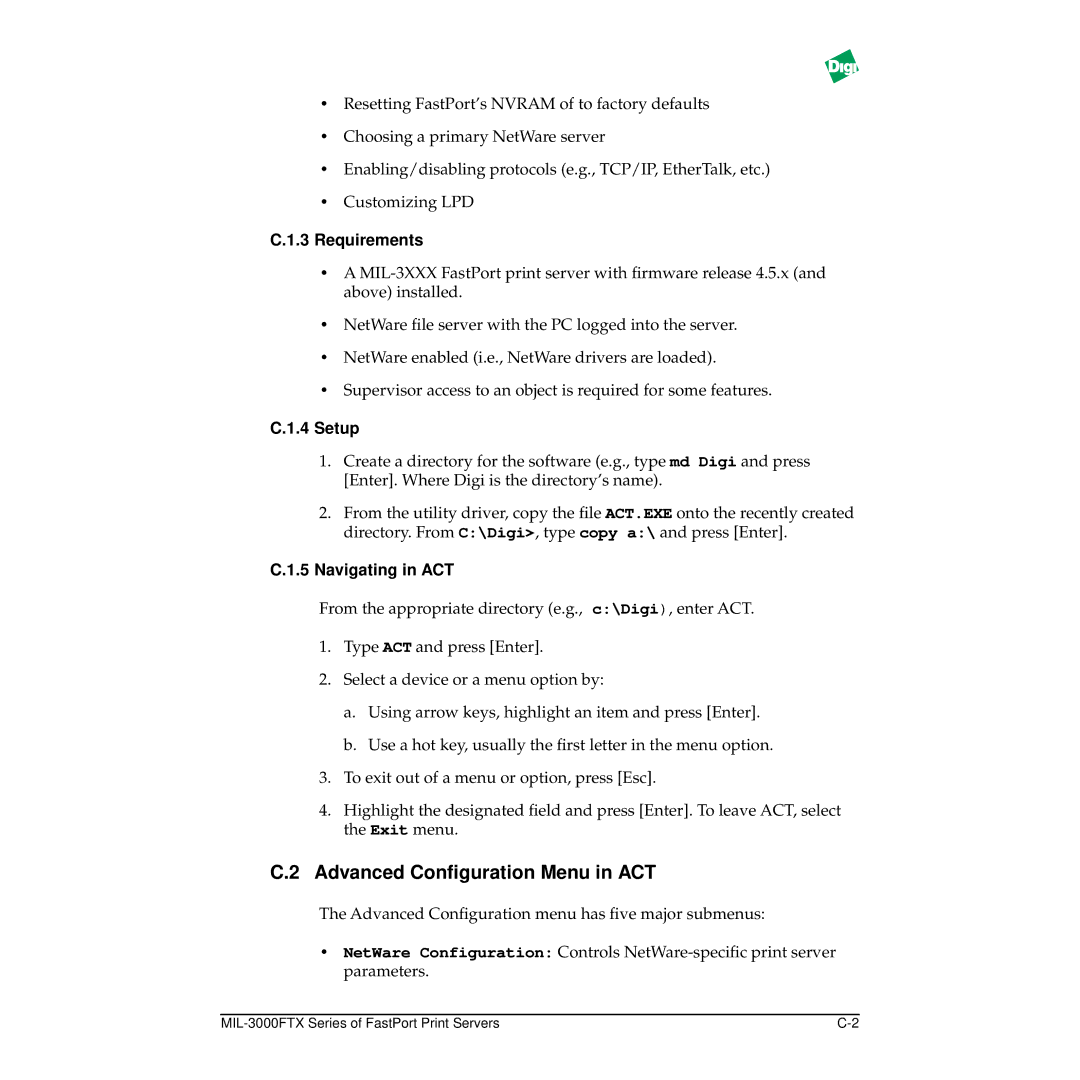 Digi MIL-3000FTX manual Advanced Conﬁguration Menu in ACT, Requirements, Setup, Navigating in ACT 