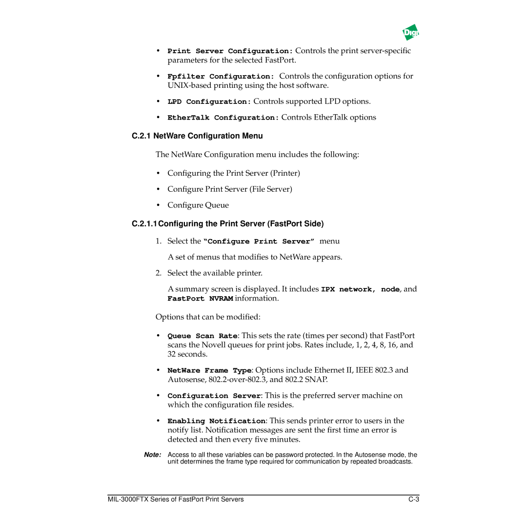 Digi MIL-3000FTX manual NetWare Conﬁguration Menu, 1.1Conﬁguring the Print Server FastPort Side, FastPort Nvram information 