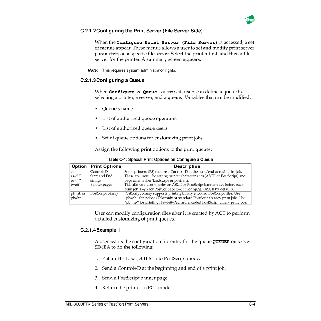 Digi MIL-3000FTX manual 1.2Conﬁguring the Print Server File Server Side, 1.3Conﬁguring a Queue, 1.4Example 