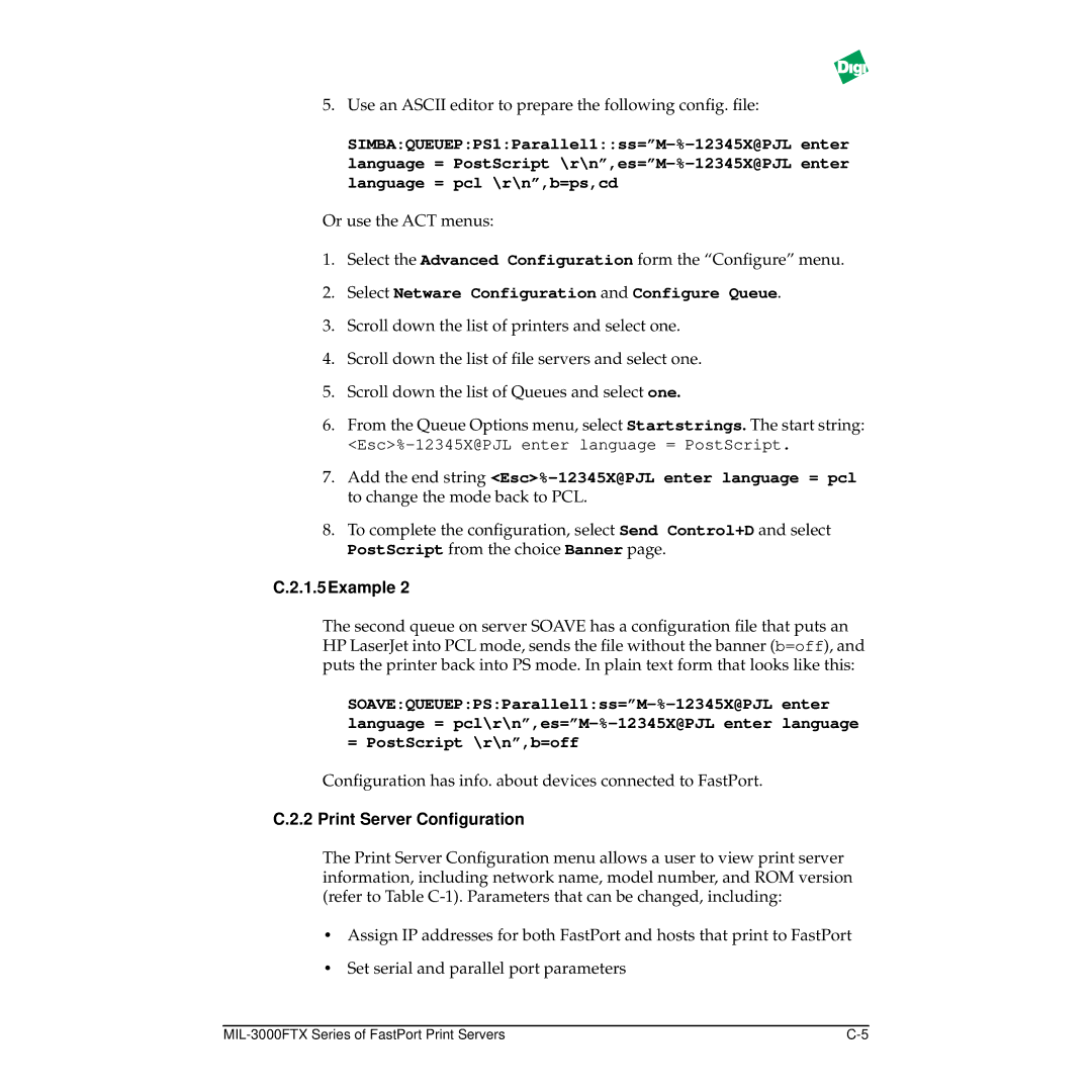 Digi MIL-3000FTX manual Select Netware Configuration and Configure Queue, 1.5Example, Print Server Conﬁguration 