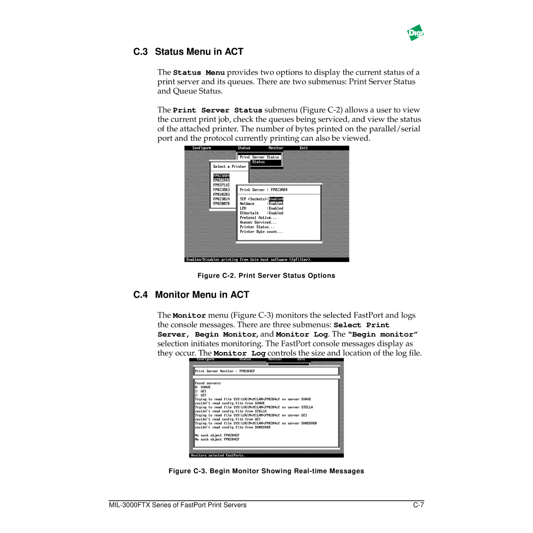 Digi MIL-3000FTX manual Status Menu in ACT, Monitor Menu in ACT 