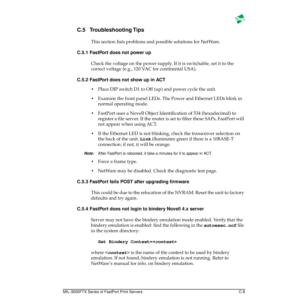 Digi MIL-3000FTX manual Troubleshooting Tips, FastPort does not power up, FastPort does not show up in ACT 