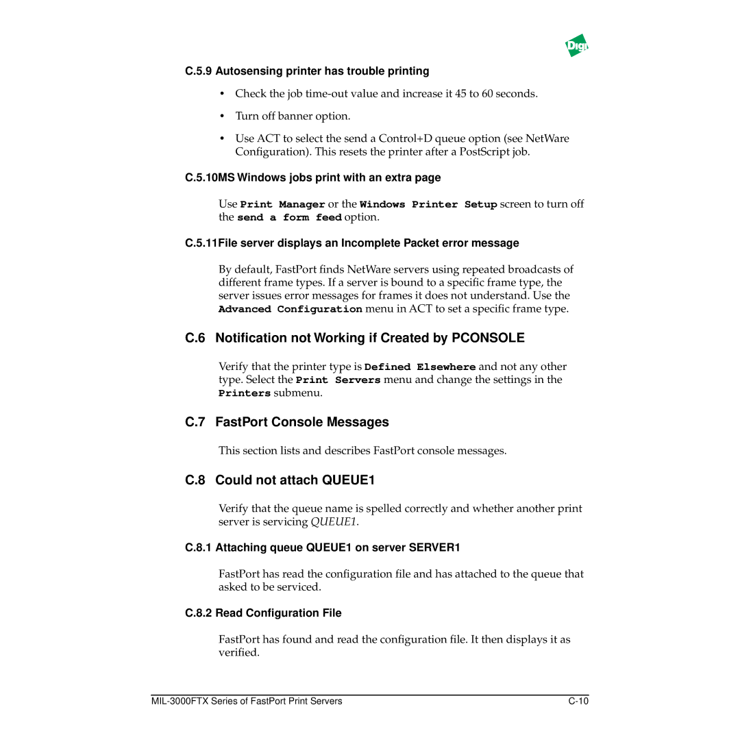 Digi MIL-3000FTX manual Notiﬁcation not Working if Created by Pconsole, FastPort Console Messages, Could not attach QUEUE1 