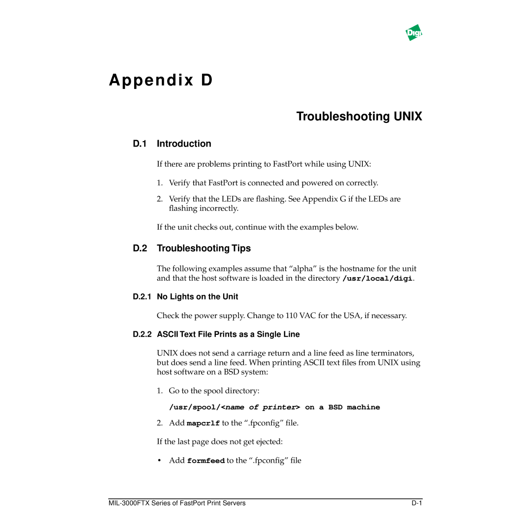 Digi MIL-3000FTX manual Troubleshooting Unix, No Lights on the Unit, Ascii Text File Prints as a Single Line 