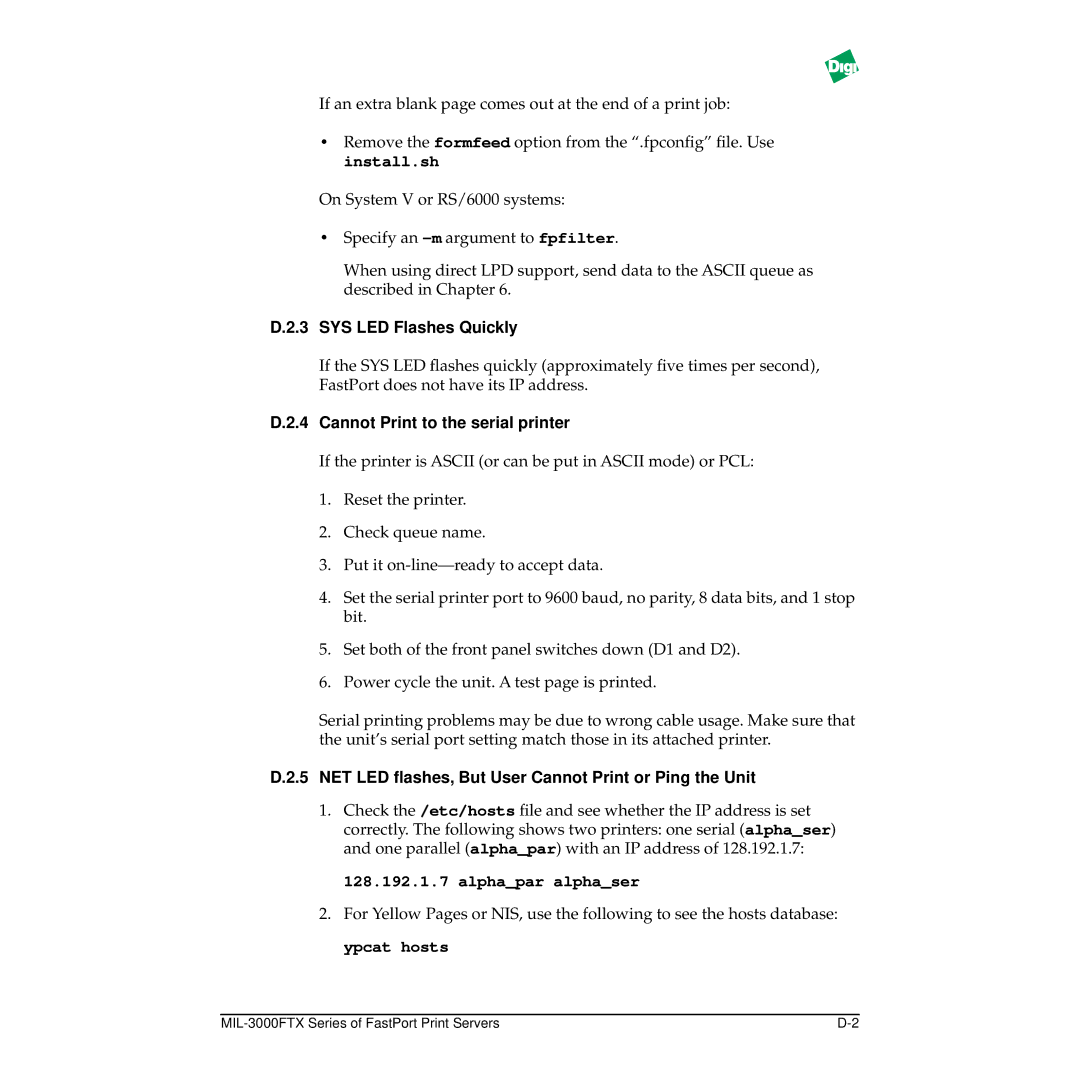 Digi MIL-3000FTX manual SYS LED Flashes Quickly, Cannot Print to the serial printer 
