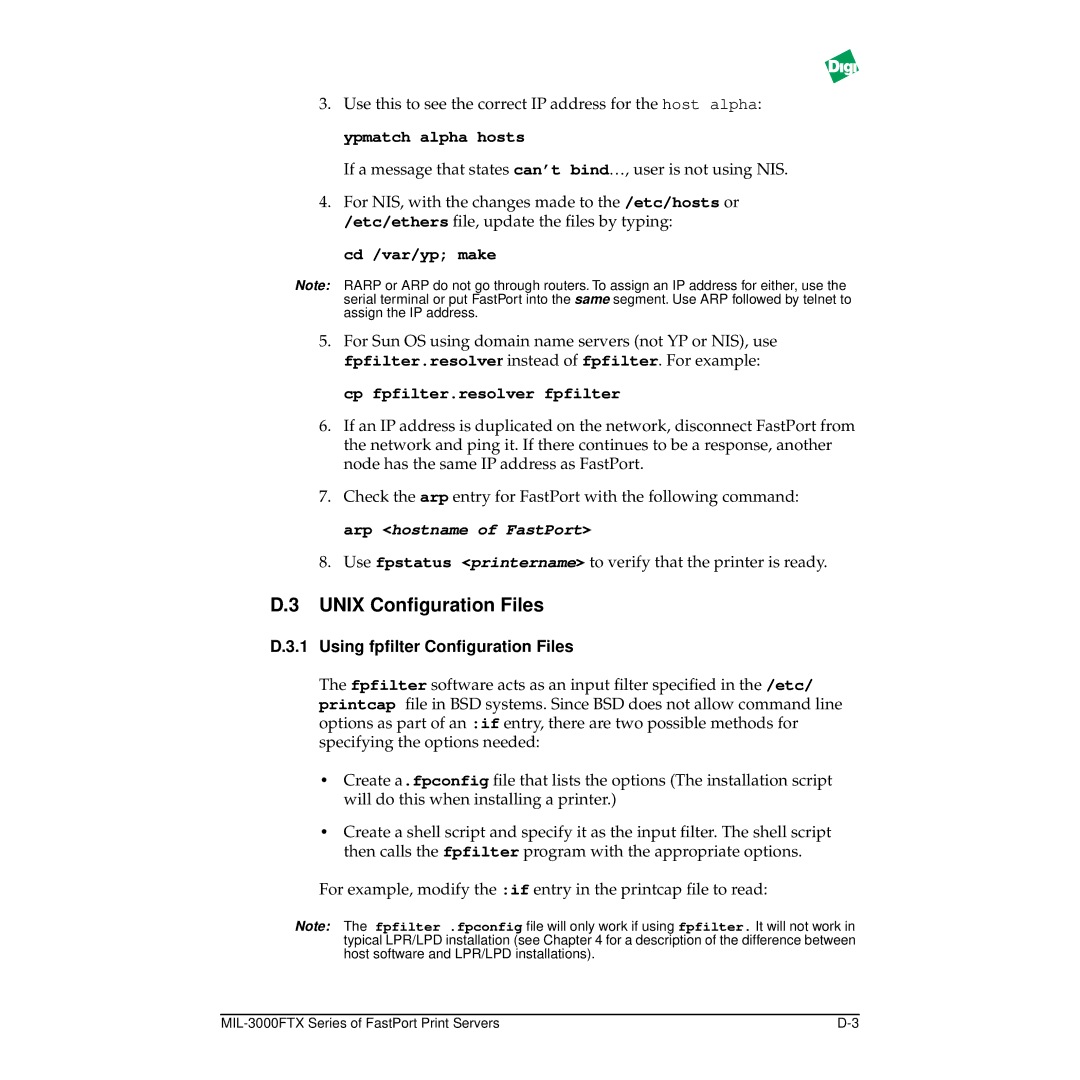 Digi MIL-3000FTX Unix Conﬁguration Files, Cd /var/yp make, Cp fpfilter.resolver fpfilter, Using fpﬁlter Conﬁguration Files 