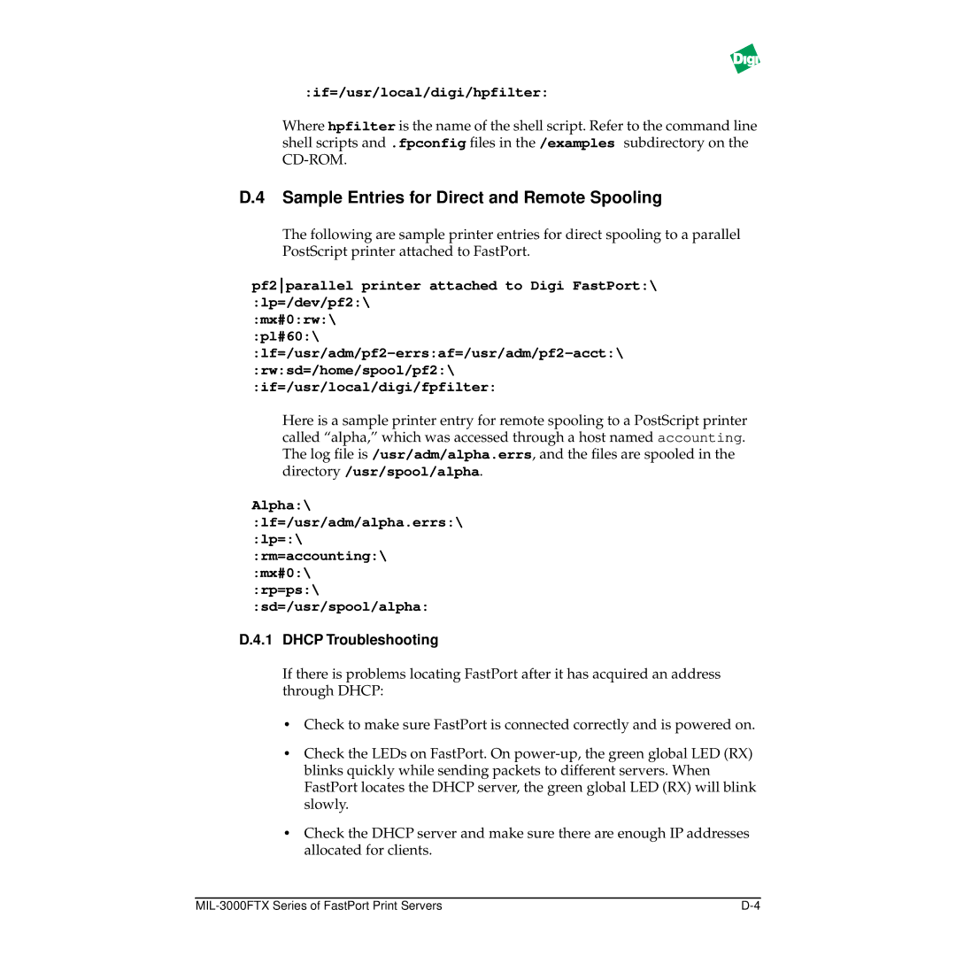 Digi MIL-3000FTX manual Sample Entries for Direct and Remote Spooling, If=/usr/local/digi/hpfilter, Dhcp Troubleshooting 