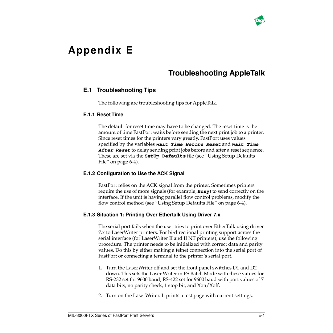 Digi MIL-3000FTX manual Troubleshooting AppleTalk, Reset Time, 2 Conﬁguration to Use the ACK Signal 