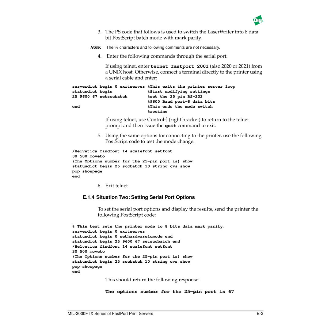 Digi MIL-3000FTX manual Situation Two Setting Serial Port Options, Options number for the 25-pin port is 