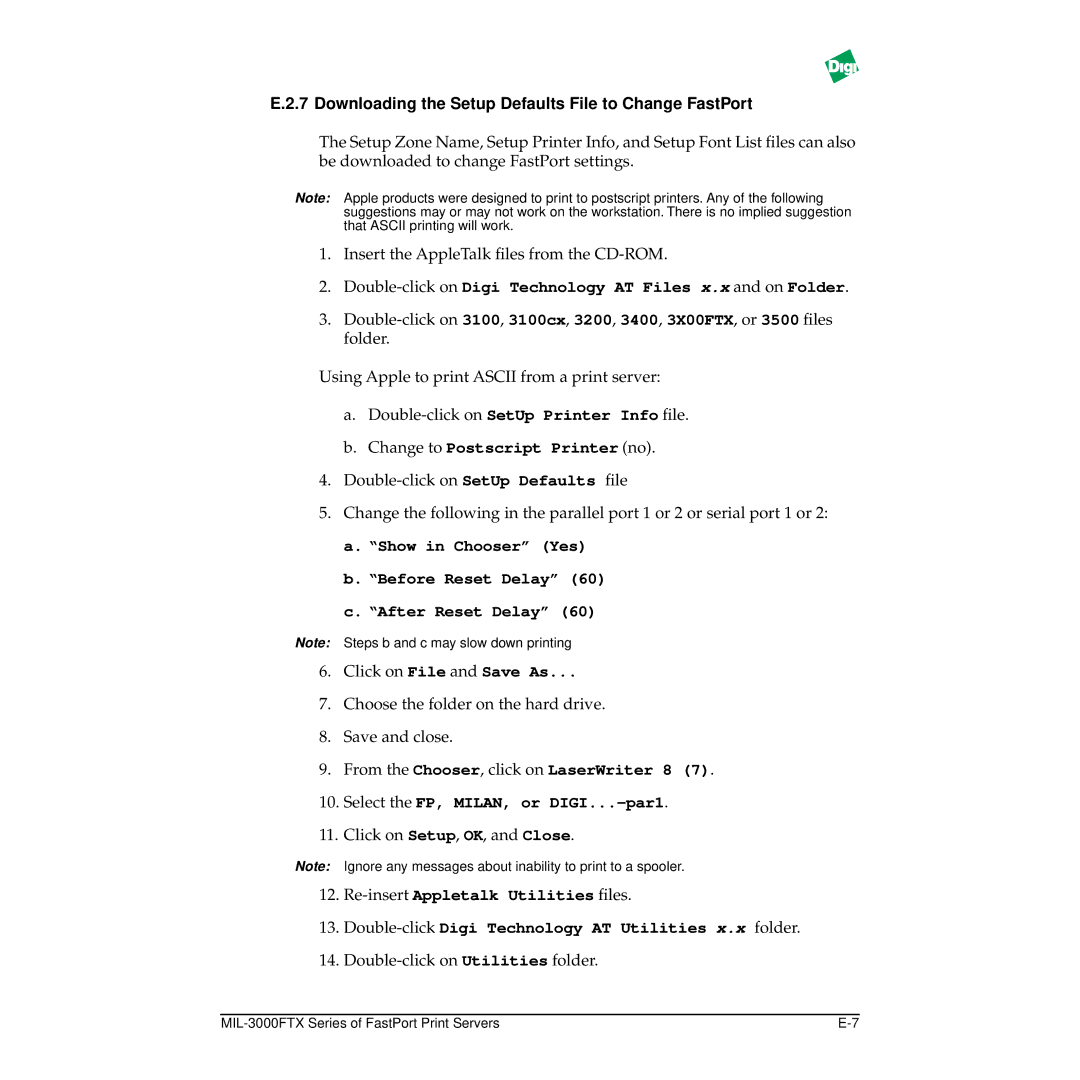 Digi MIL-3000FTX manual Downloading the Setup Defaults File to Change FastPort, Change to Postscript Printer no 