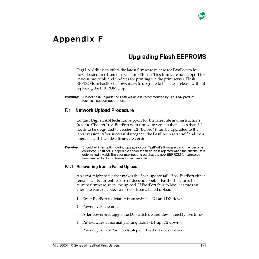 Digi MIL-3000FTX manual Upgrading Flash Eeproms, Network Upload Procedure, Recovering from a Failed Upload 