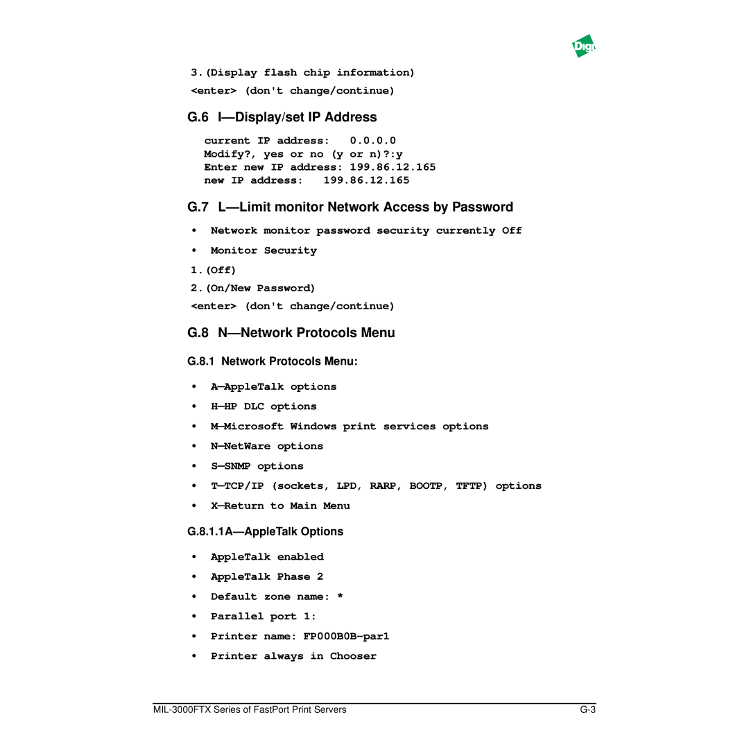 Digi MIL-3000FTX manual Display/set IP Address, Limit monitor Network Access by Password, Network Protocols Menu 