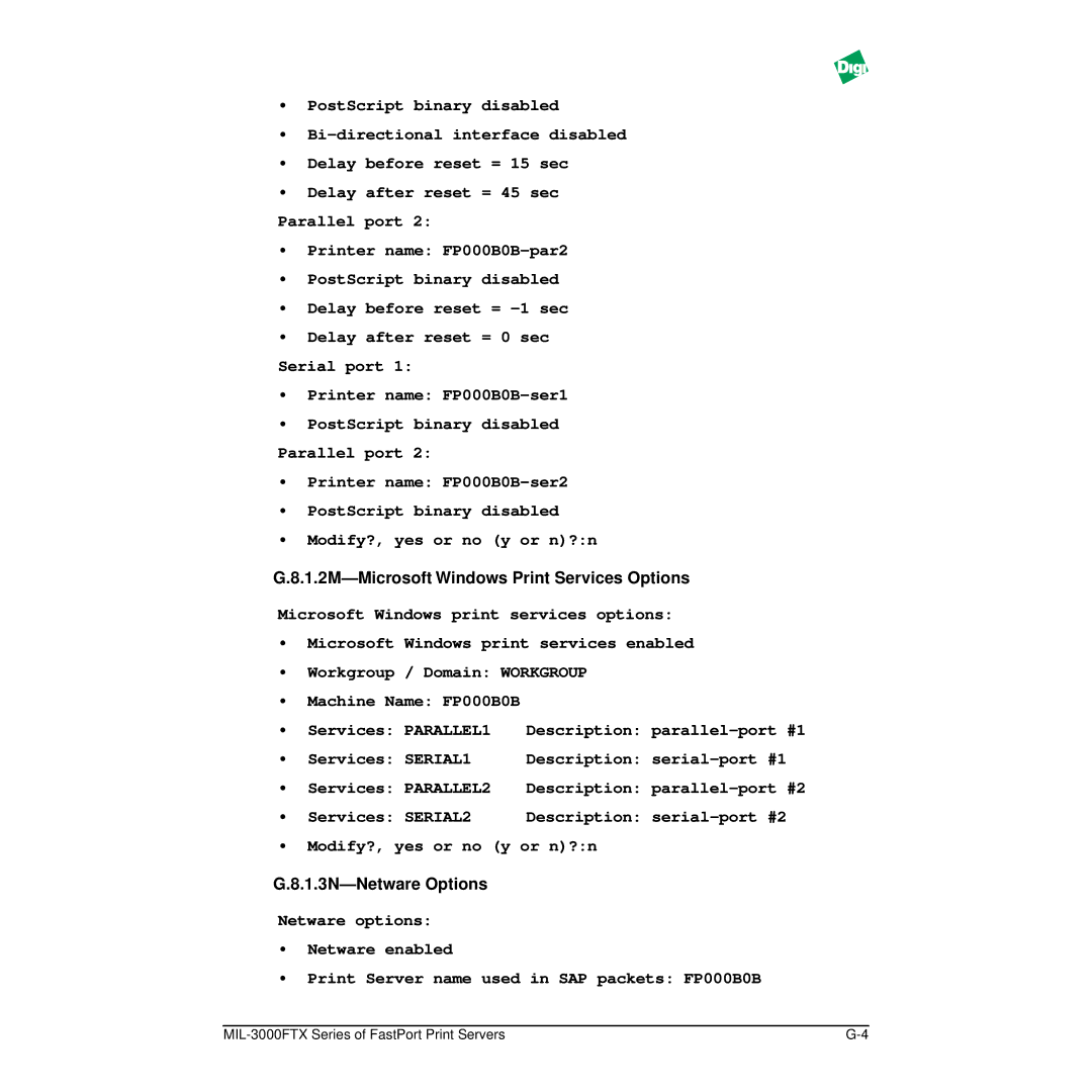 Digi MIL-3000FTX manual 1.2M-Microsoft Windows Print Services Options, 1.3N-Netware Options 