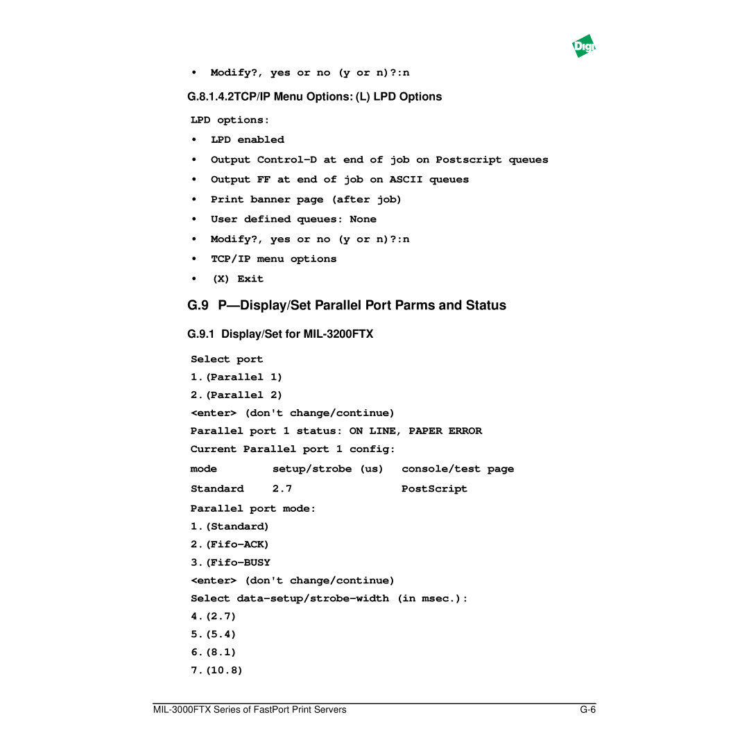 Digi MIL-3000FTX manual Display/Set Parallel Port Parms and Status, 1.4.2TCP/IP Menu Options L LPD Options 