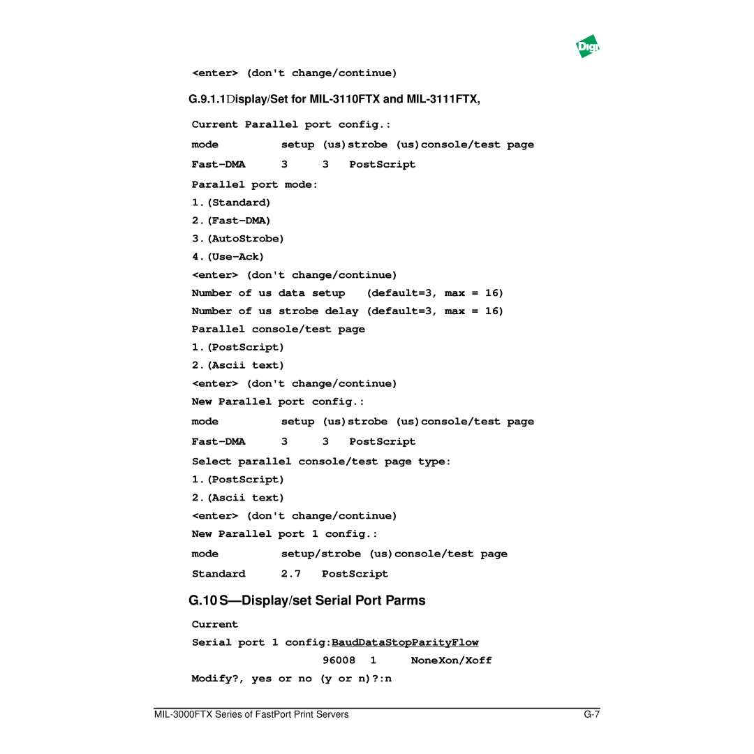 Digi MIL-3000FTX manual Display/set Serial Port Parms, 1.1Display/Set for MIL-3110FTX and MIL-3111FTX 