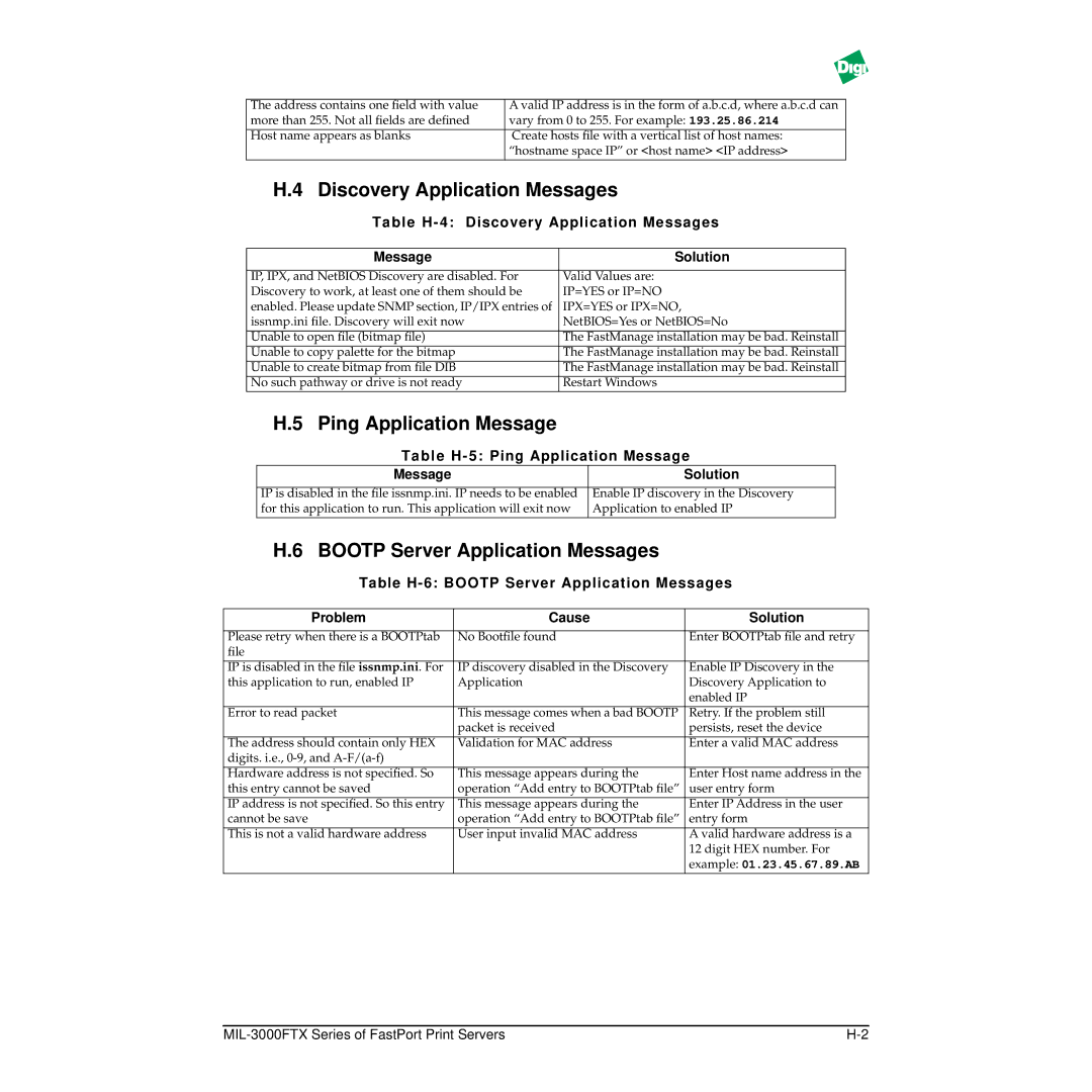 Digi MIL-3000FTX manual Discovery Application Messages, Ping Application Message, Bootp Server Application Messages 