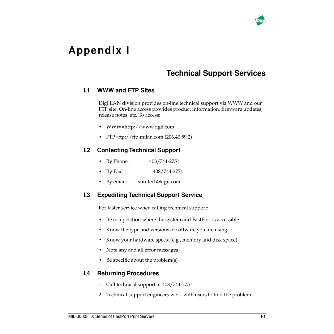 Digi MIL-3000FTX manual Technical Support Services, WWW and FTP Sites, Contacting Technical Support, Returning Procedures 