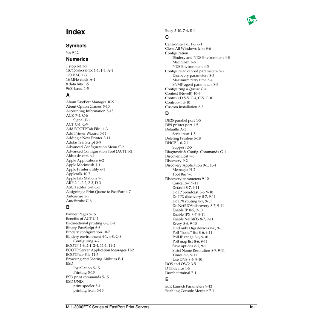 Digi MIL-3000FTX manual Index, Symbols Numerics 