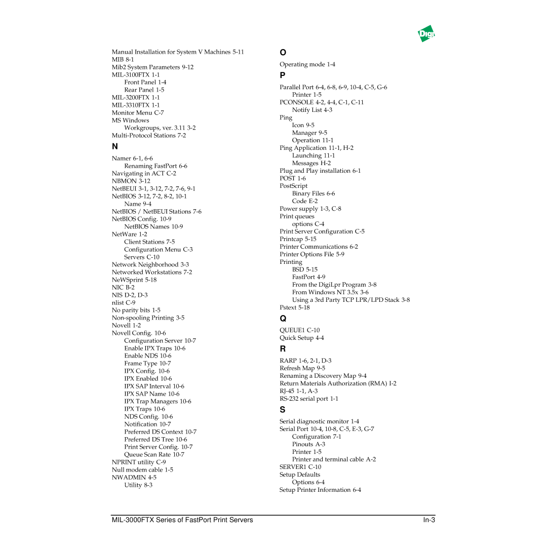 Digi manual MIL-3000FTX Series of FastPort Print Servers In-3 