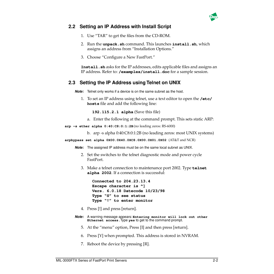 Digi MIL-3000FTX manual Setting an IP Address with Install Script, Setting the IP Address using Telnet on Unix 