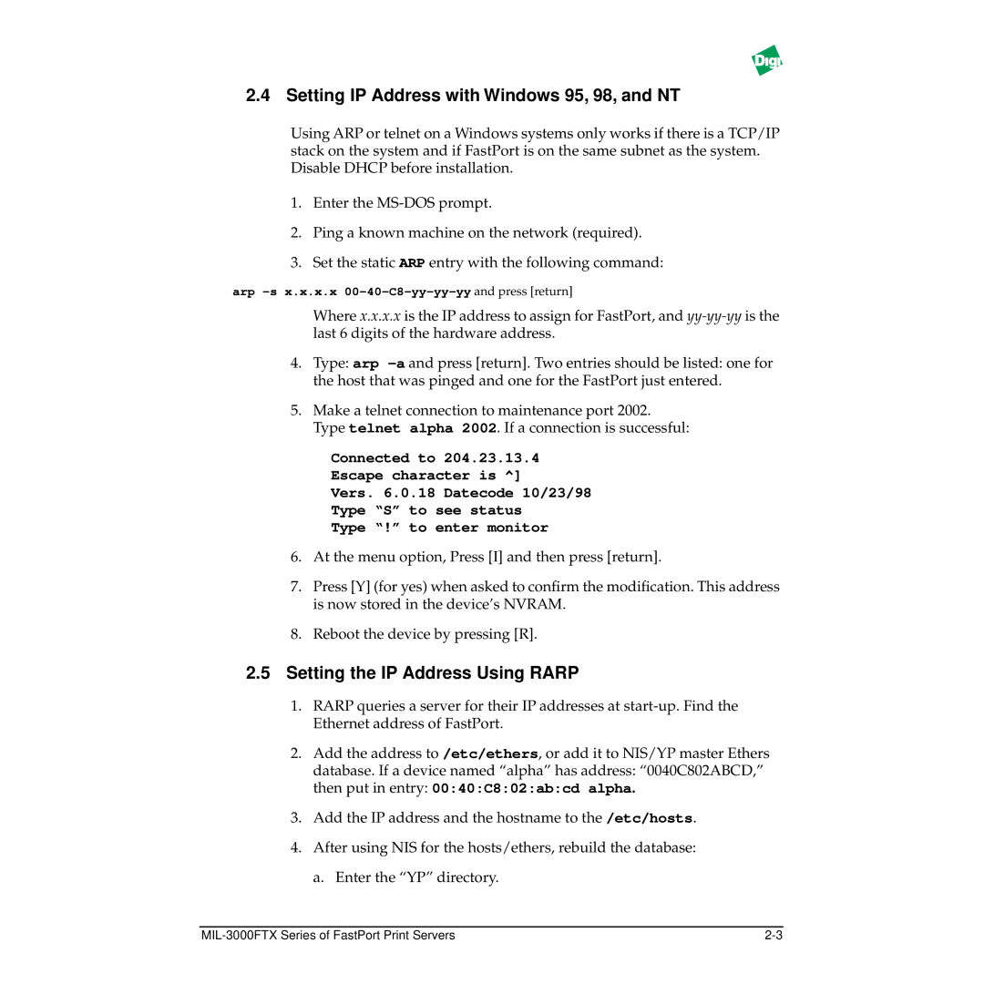 Digi MIL-3000FTX manual Setting IP Address with Windows 95, 98, and NT, Setting the IP Address Using Rarp 