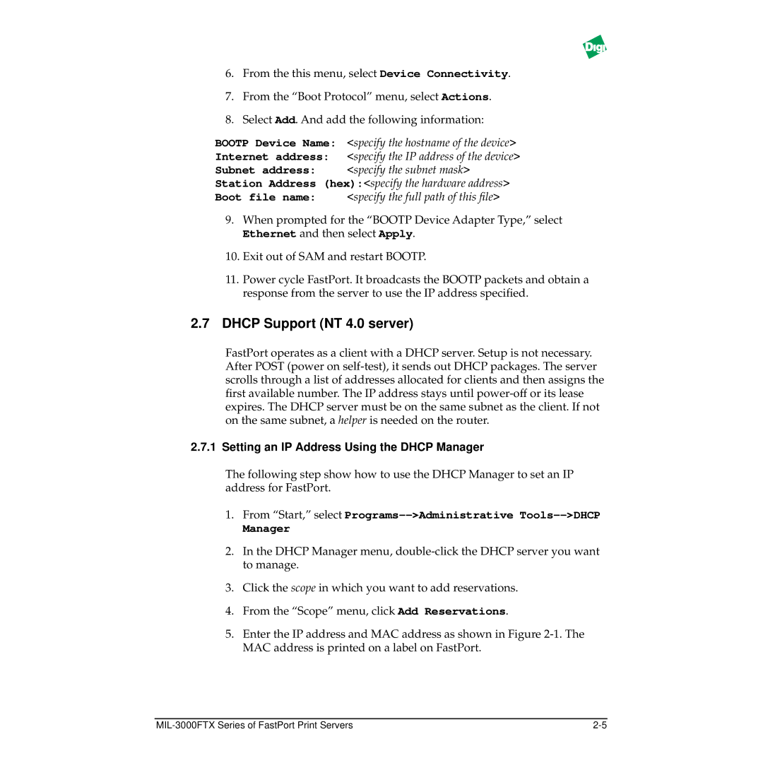 Digi MIL-3000FTX manual Dhcp Support NT 4.0 server, Setting an IP Address Using the Dhcp Manager 