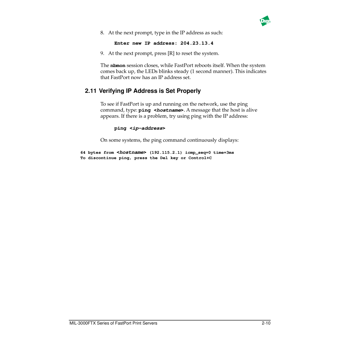 Digi MIL-3000FTX manual Verifying IP Address is Set Properly, Enter new IP address 