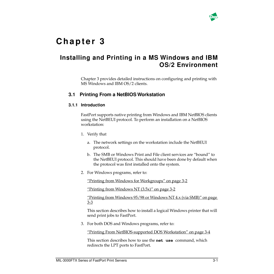 Digi MIL-3000FTX manual Printing From a NetBIOS Workstation, Introduction 