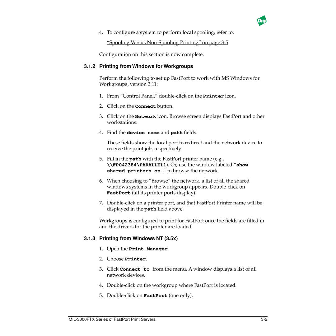 Digi MIL-3000FTX manual Printing from Windows for Workgroups, Printing from Windows NT, Open the Print Manager 