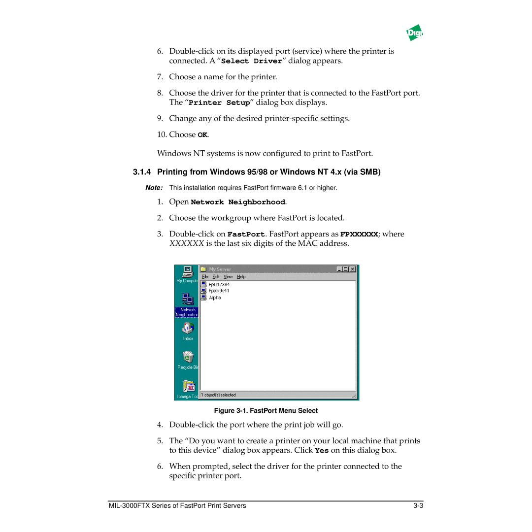 Digi MIL-3000FTX manual Printing from Windows 95/98 or Windows NT 4.x via SMB, Open Network Neighborhood 