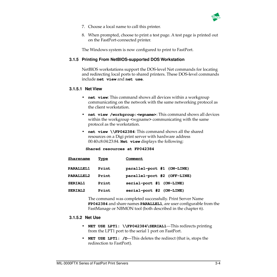 Digi MIL-3000FTX manual Printing From NetBIOS-supported DOS Workstation, Net View, Net Use 