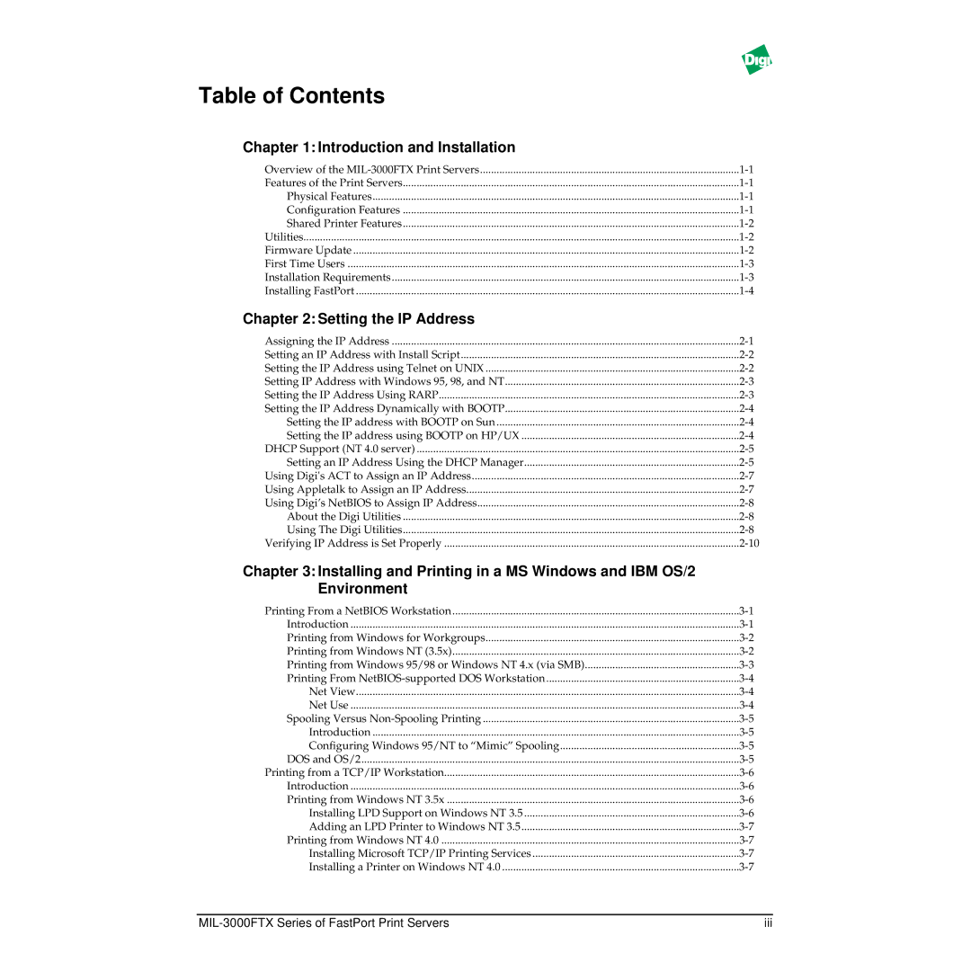 Digi MIL-3000FTX manual Table of Contents 