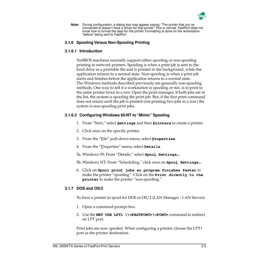 Digi MIL-3000FTX manual Spooling Versus Non-Spooling Printing Introduction, 6.2 Conﬁguring Windows 95/NT to Mimic Spooling 