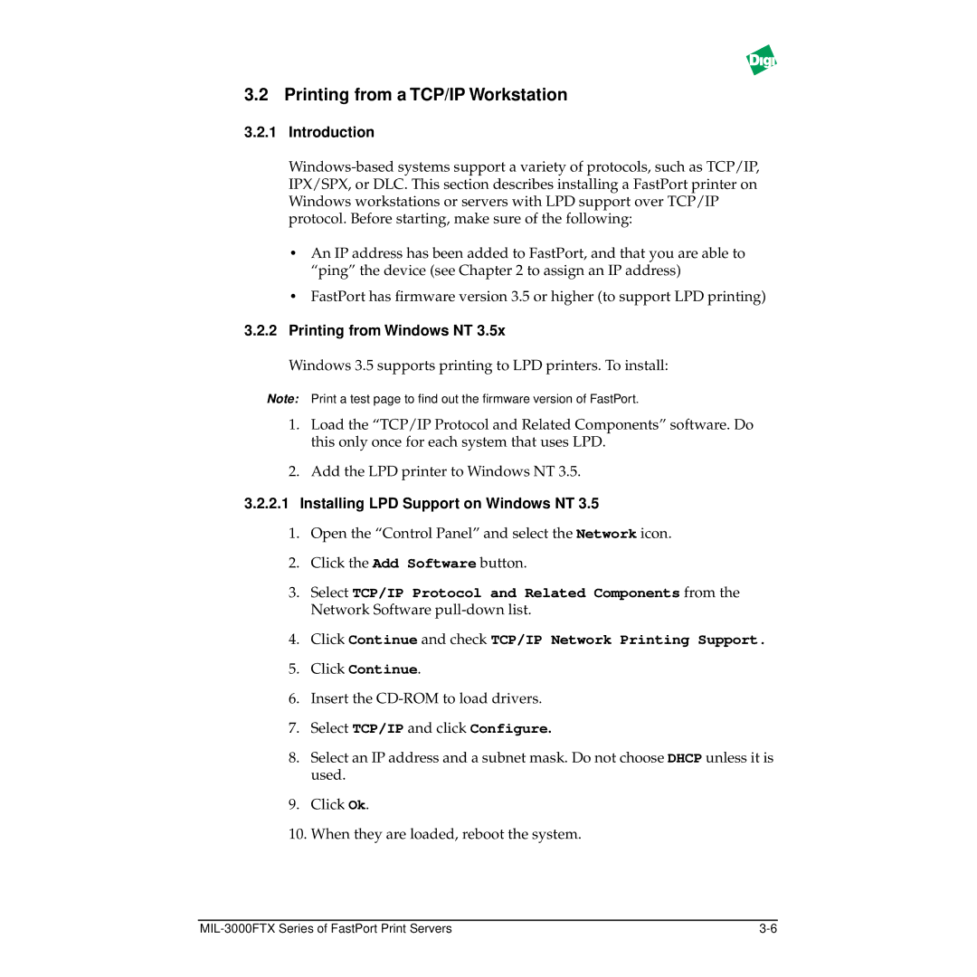 Digi MIL-3000FTX manual Printing from a TCP/IP Workstation, Installing LPD Support on Windows NT 