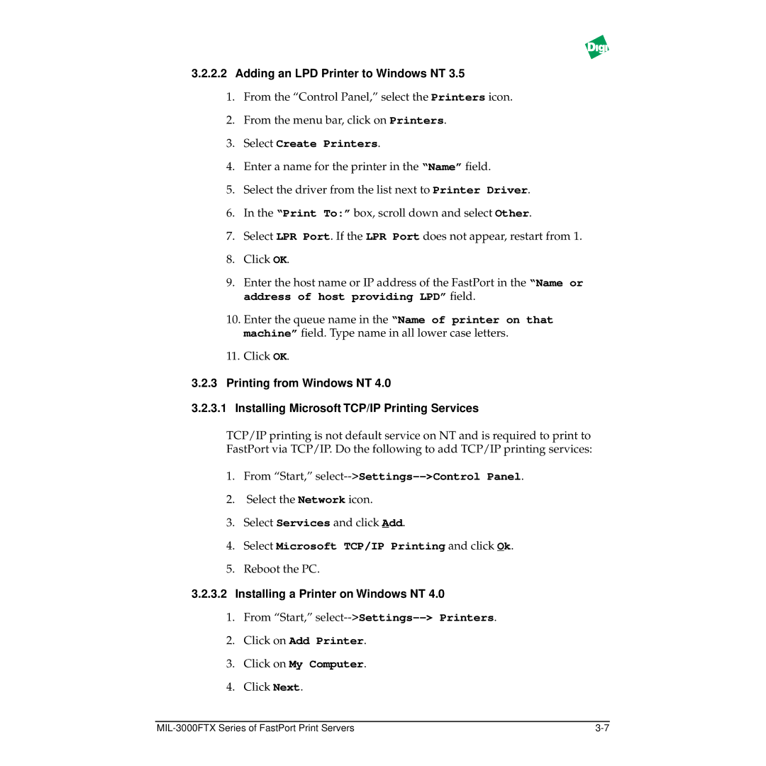 Digi MIL-3000FTX manual Adding an LPD Printer to Windows NT, Select Create Printers, Installing a Printer on Windows NT 