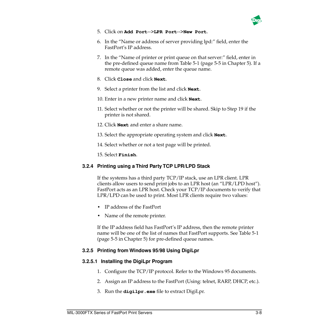 Digi MIL-3000FTX manual Click on Add Port--LPR Port--New Port, Printing using a Third Party TCP LPR/LPD Stack 