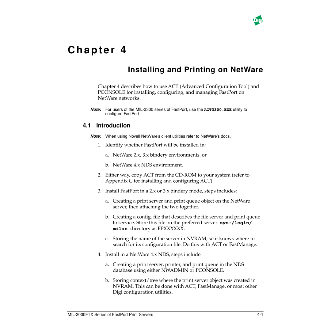 Digi MIL-3000FTX manual Installing and Printing on NetWare, Introduction 