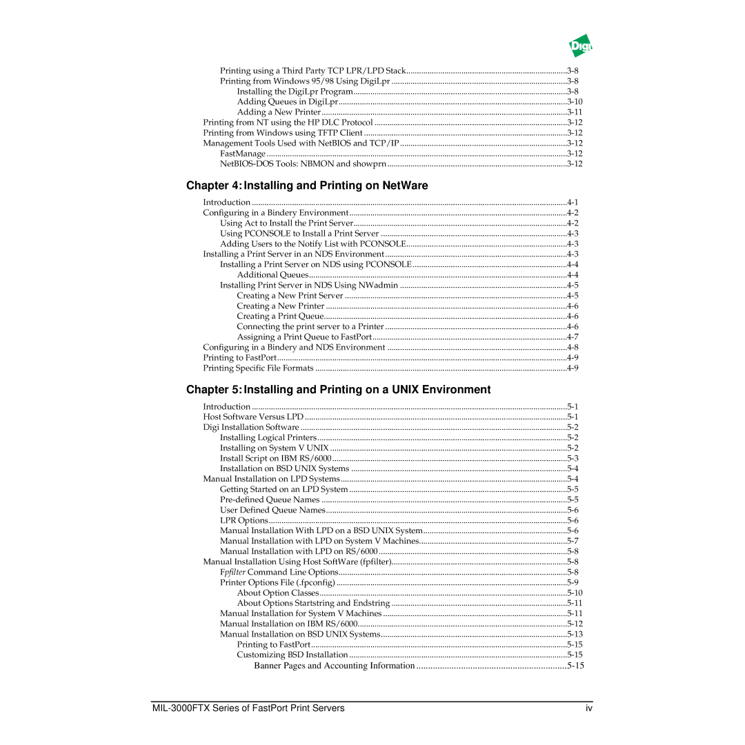 Digi MIL-3000FTX manual Installing and Printing on NetWare, Installing and Printing on a Unix Environment 
