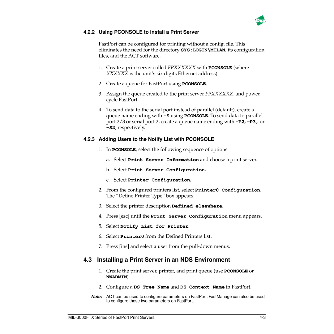 Digi MIL-3000FTX manual Installing a Print Server in an NDS Environment, Using Pconsole to Install a Print Server 