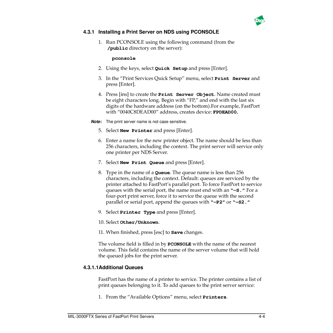 Digi MIL-3000FTX manual Installing a Print Server on NDS using Pconsole, Select Other/Unknown, 1.1Additional Queues 
